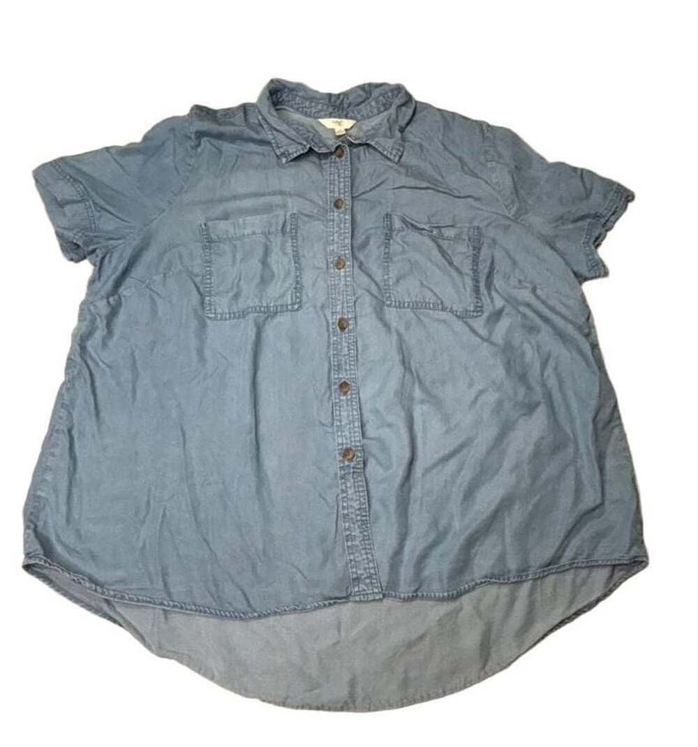 Terra & Sky Button Up Shirt Size 1X 16W-18W Blue Lyocell Chambray Pocket